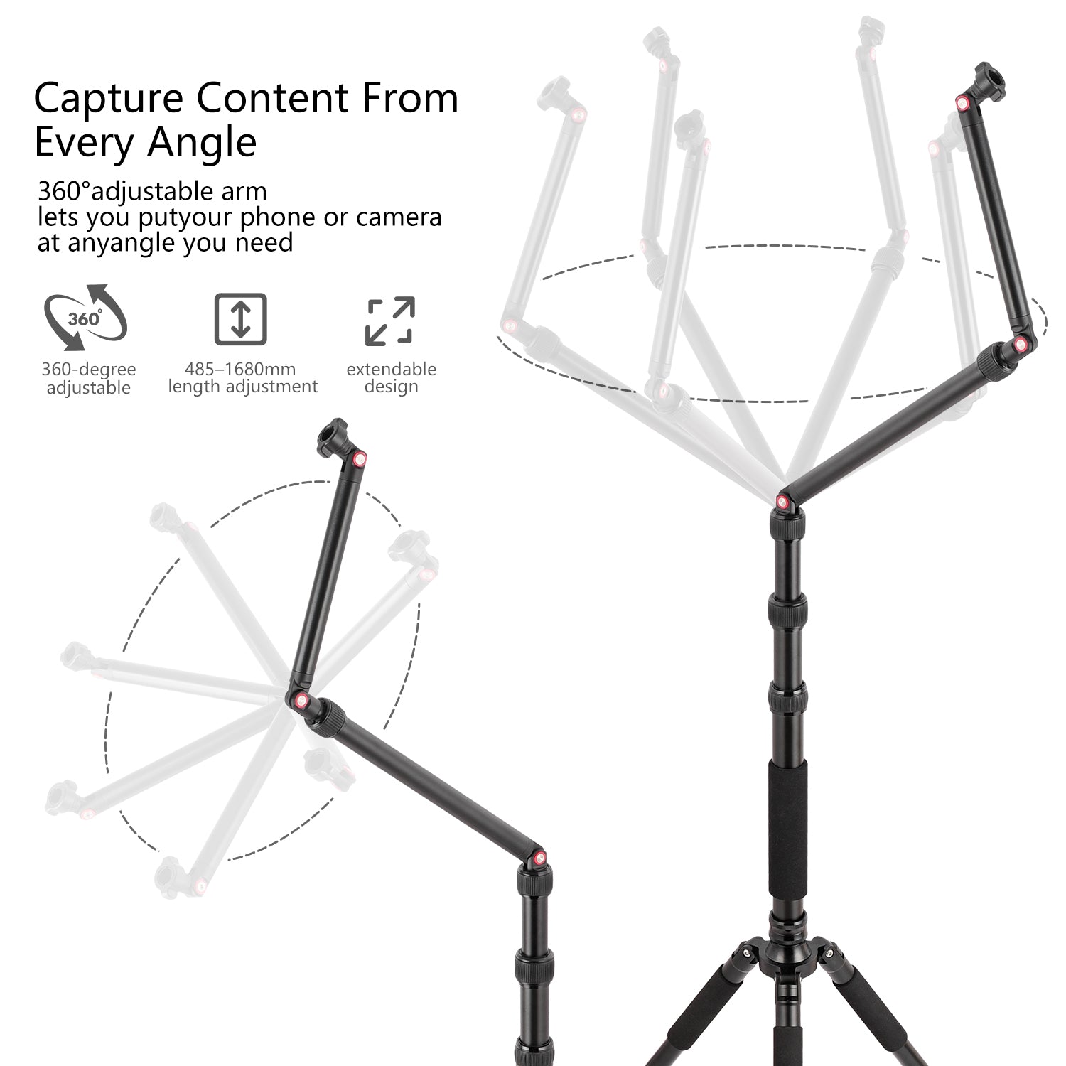 Twistand X5, Magic Twist Stand,360°angle rotation, 485–1680mm length adjustment, compatible with phones and tablets.