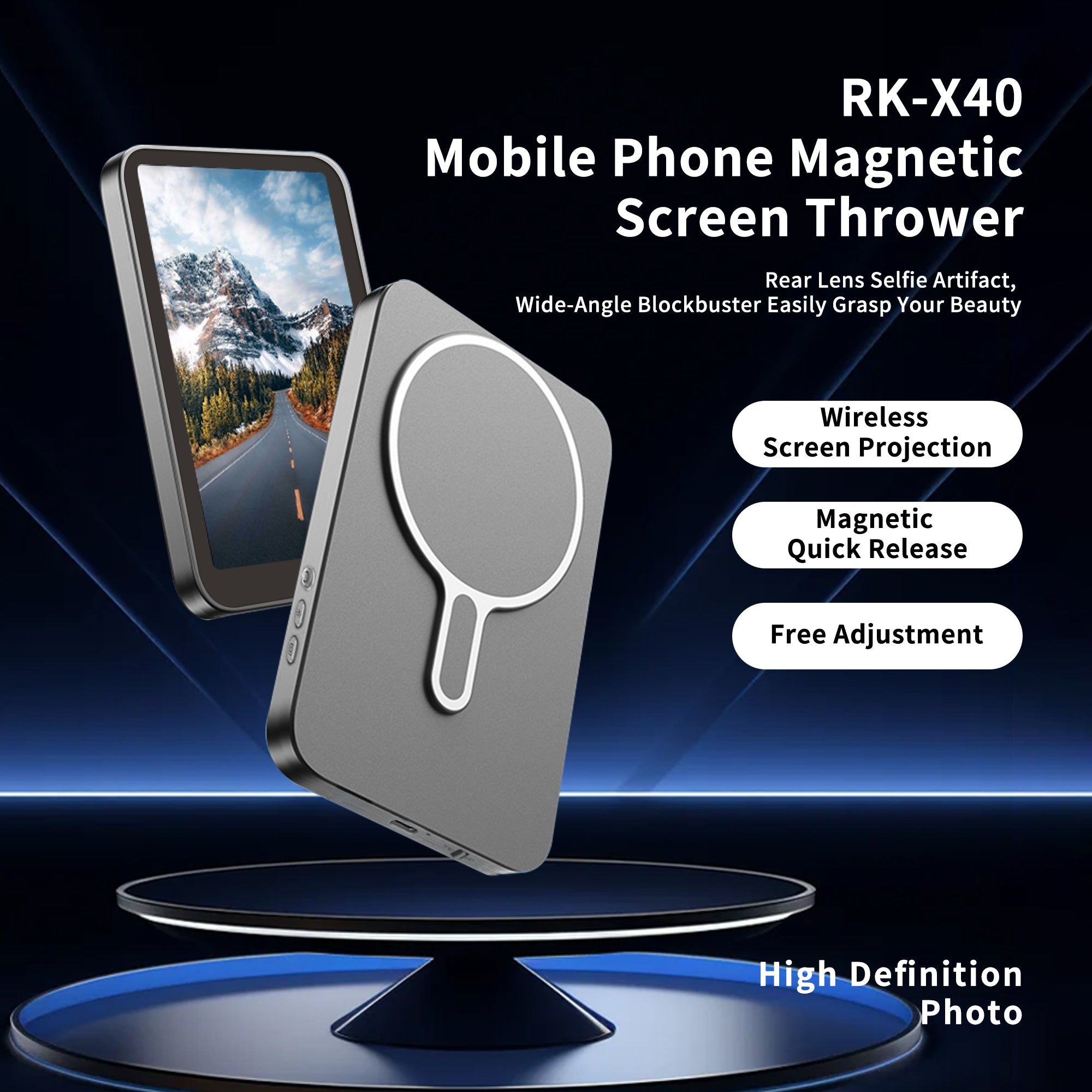 RK-X40 Phone Vlog Selfie Monitor Screen, Magnetic Phone Holder Clip Mount, Using Phone Rear Camera for Selfie Vlog Live Stream TikTok