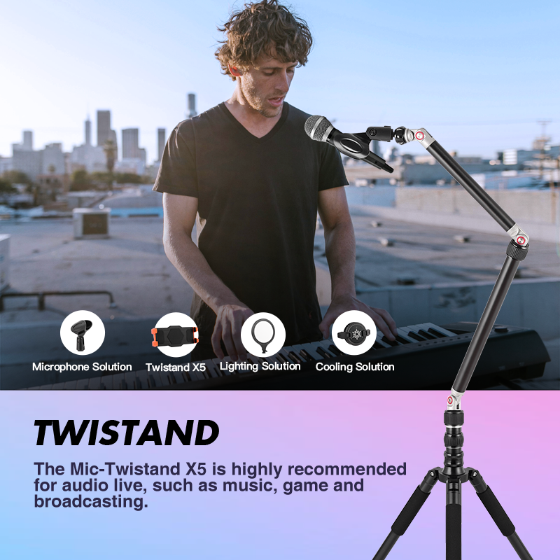 Mic-Twistand X5, Magic Twist Stand Microphone Solution, 360° angle rotation,  and equipped with microphone clamp which has 24~45mm adjustment.