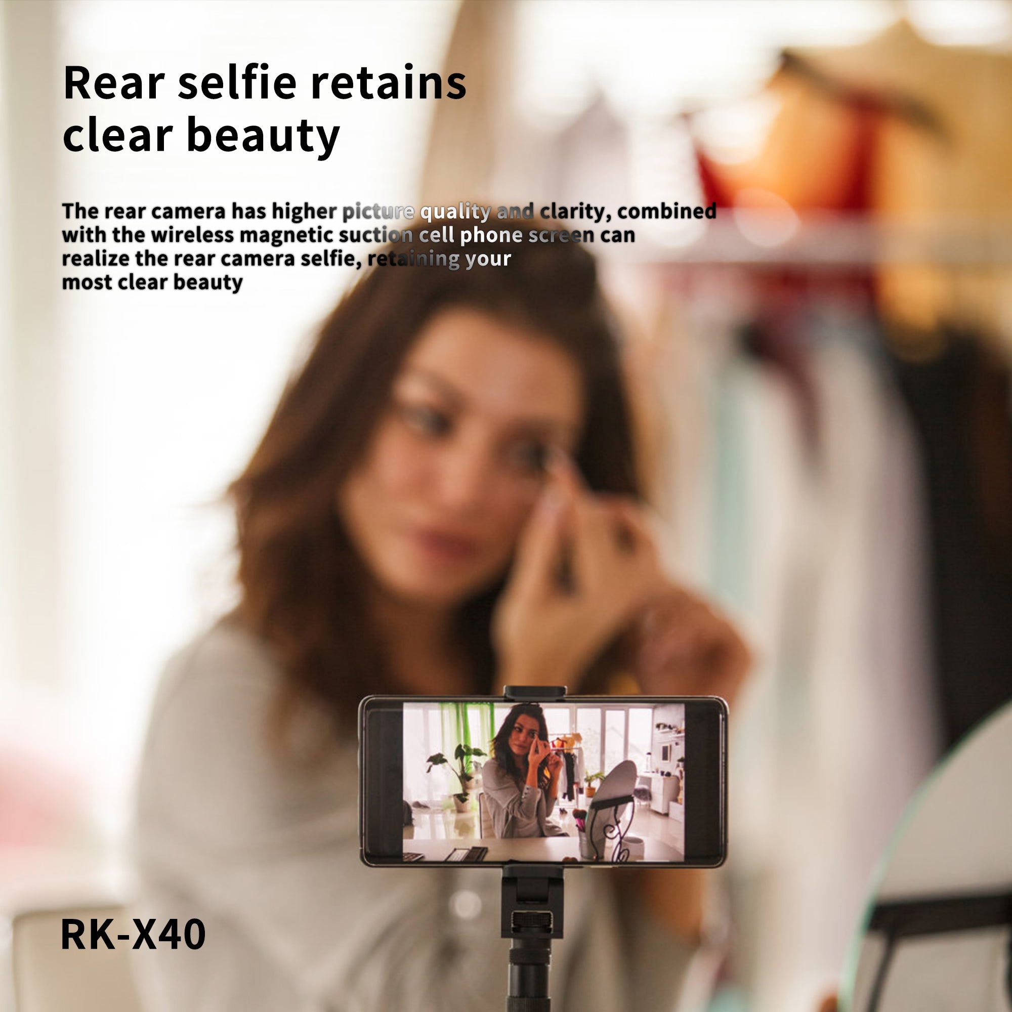 RK-X40 Phone Vlog Selfie Monitor Screen, Magnetic Phone Holder Clip Mount, Using Phone Rear Camera for Selfie Vlog Live Stream TikTok