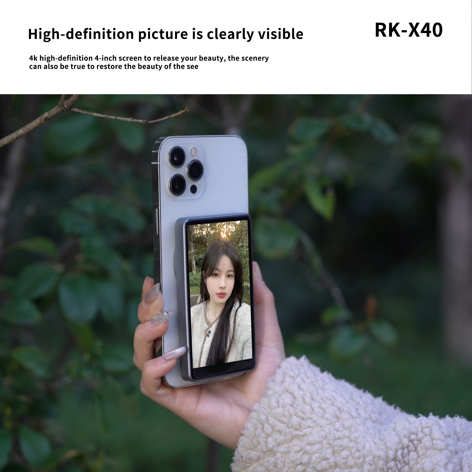 RK-X40 Phone Vlog Selfie Monitor Screen, Magnetic Phone Holder Clip Mount, Using Phone Rear Camera for Selfie Vlog Live Stream TikTok