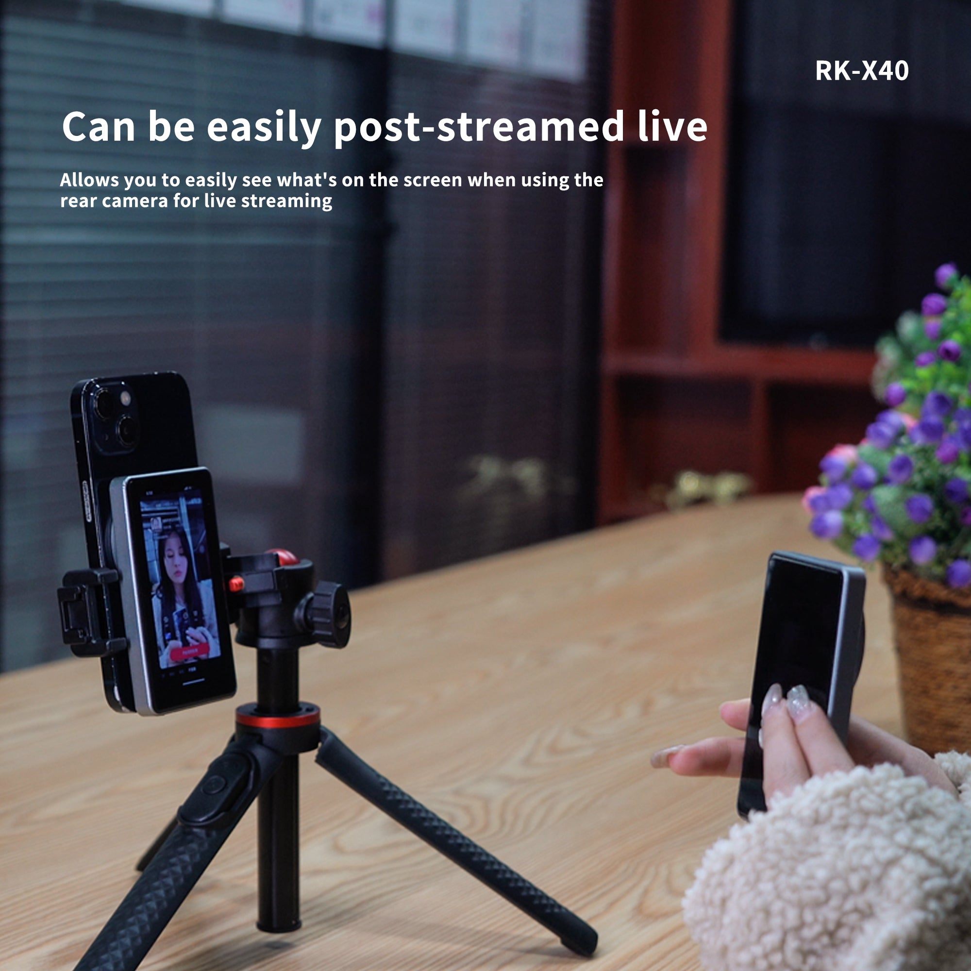 RK-X40 Phone Vlog Selfie Monitor Screen, Magnetic Phone Holder Clip Mount, Using Phone Rear Camera for Selfie Vlog Live Stream TikTok